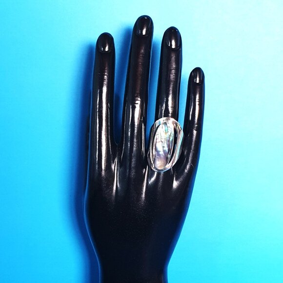 Chunky Vintage 925 Sterling Silver Oval Abalone Shell Inlay Statement Ring - Picture 3 of 14